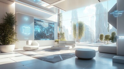 Futuristic minimalist living room with panoramic windows, showcasing a sleek design and advanced technology display.