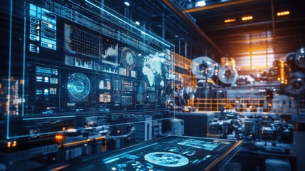 Futuristic smart factory with holographic interface displaying real-time data and global map.