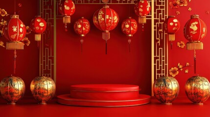 Red Lanterns and Gold Decor Adorn a Festive Display Platform