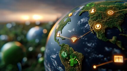 Digital globe representing the interconnected world showcasing environmental sustainability through renewable energy sources and technological innovation driving global exchange of information