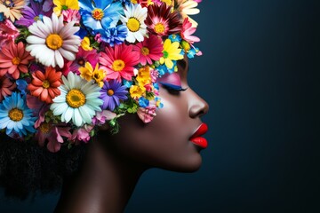 A woman adorned with a vibrant flower headdress showcases her beauty in a stunning side profile against a dark background