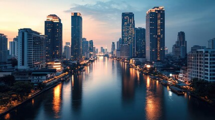 Naklejka premium City skyline at sunset over a calm river reflecting urban lights