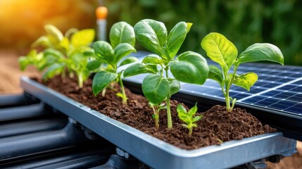 Sustainable greenhouse farming with solar panels powering the growth of young seedlings showcasing an eco friendly and renewable approach to agriculture and plant cultivation