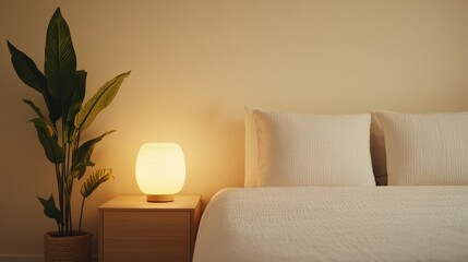 A cozy bedroom scene featuring a neatly made bed, soft pillows, a stylish lamp, and a vibrant plant, creating a warm and inviting atmosphere.