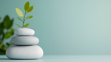 A serene arrangement of stacked stones with a small green sprout, symbolizing growth, balance, and tranquility against a soft green background.
