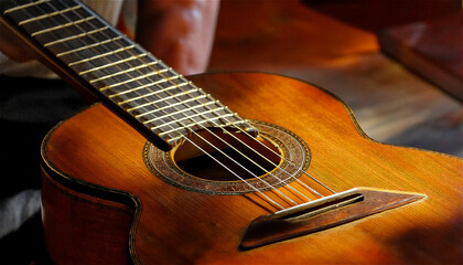 Fototapeta premium A close-up of a classical guitar resting on a wooden floor, with warm, soft lighting