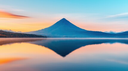 A stunning view of a mountain reflected in a serene lake at sunrise, showcasing vibrant colors and a tranquil atmosphere.