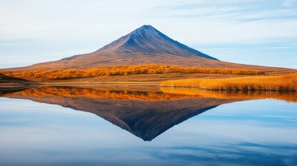 A serene landscape featuring a majestic mountain reflecting in calm waters, surrounded by golden autumn vegetation under a clear blue sky.