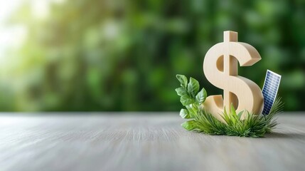 Dollar sign surrounded by green leaves and grass on wooden table representing the concept of financial growth investment and sustainable business success