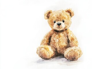 Fototapeta premium Watercolor illustration of a light brown plush teddy bear sitting gracefully on a white background with soft shadows