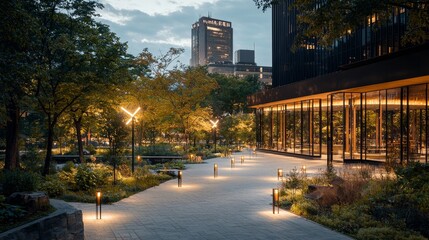 Sustainable urban development city plaza with wind-powered lighting downtown evening modern design eco-friendly concept