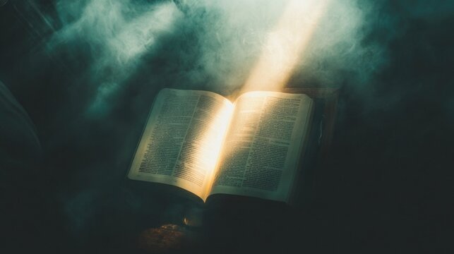 Light shining on open Bible with a beam of light highlighting a page or verse.