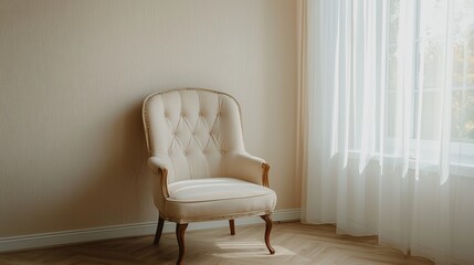 Elegant vintage chair in minimalist room home decor cozy environment natural light aesthetic appeal for comfort and style