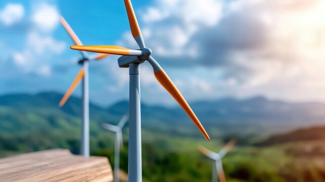 Wind turbines standing tall in a picturesque mountain landscape with dramatic cloudy sky generating clean and renewable energy for a sustainable future