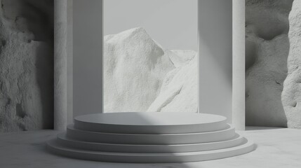 Minimalist White Platform Display Against Mountain View