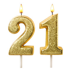 golden glitter festive candle in the shape of number 21 for birthday cake and party