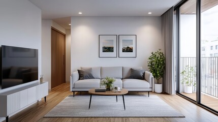 Modern urban living room design featuring integrated cabinetry in a sunlit space with minimalist decor