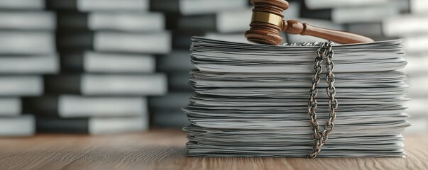 A stack of cash secured with chains, accompanied by a gavel, symbolizing legal matters and financial transactions.