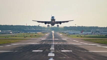 Obraz premium An airplane taking off from a busy airport runway under a clear sky.
