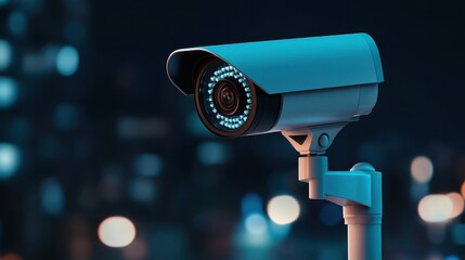 A close-up of a modern surveillance camera at night, capturing urban lights and demonstrating advanced security technology.