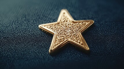 A close-up of a golden star emblem resting on a textured surface, highlighting its intricate design and shine against a dark background.