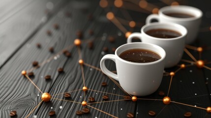 Three coffee cups are arranged on a dark wooden table, connected by an abstract network of golden spheres and coffee beans, symbolizing creativity and connection. AI generated.
