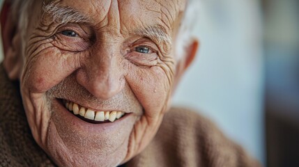 An elderly person smiling with missing teeth, embodying a warm and authentic expression.