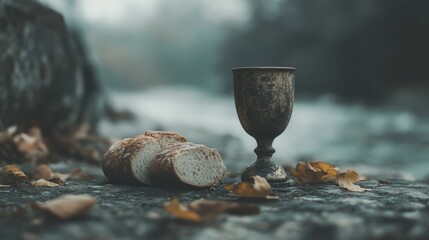 Obraz premium Holy Communion elements in nature. Communion elements placed on stone in nature reflect the unity of the sacred and the earth.