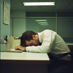 Obraz premium An employee slumped over their desk, looking unmotivated and tired at work. --v 6.1 Job ID: 729db9d9-d29c-47a4-b94e-953548942634