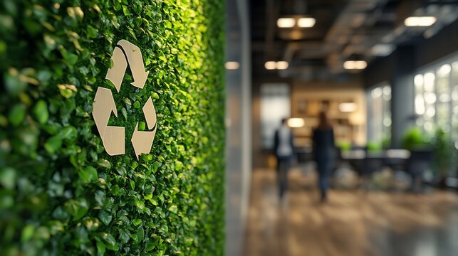 Here's a description for your image, optimized for stock photo sites

 Sustainable office interior with a green wall featuring a recycle symbol.
