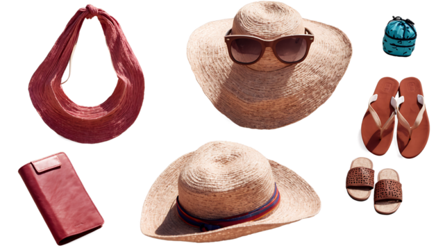 Straw hats with scarf, backpack, flip flops and summer items