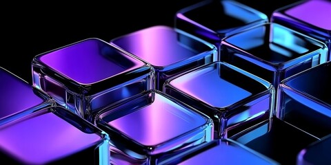 Reflective glowing glass squares with purple and blue hues on black background