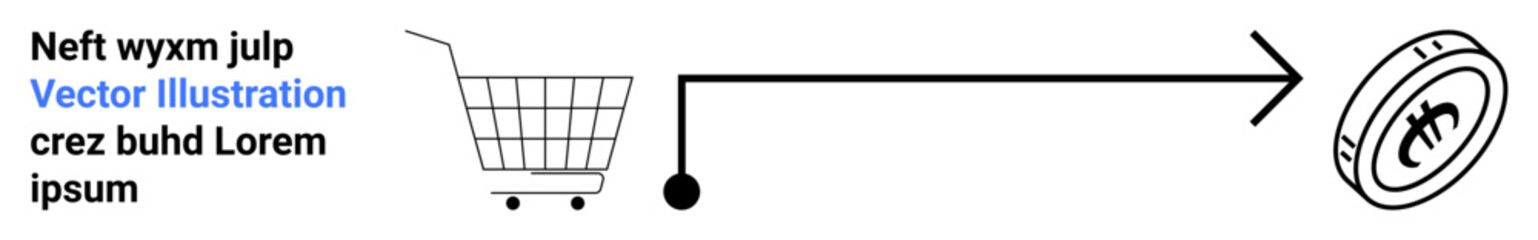 Shopping cart line drawing progressing toward currency symbol, symbolizing digital transactions. Ideal for e-commerce, online payment, retail marketing, digital sales, economic growth, consumer