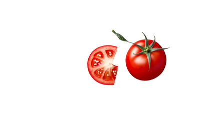 tomato png, Tomato with whole and half slices falling isolated on a clean PNG background, showcasing vibrant red tomatoes in dynamic motion, ideal for culinary designs, fresh food visuals, and recipe 