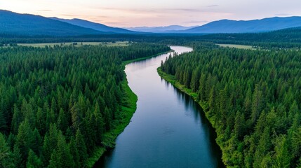 Fototapeta premium Forest restoration project showcasing clean water sources mountain river landscape aerial view environmental sustainability