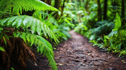 A lush, green forest trail surrounded by vibrant ferns and dense vegetation invites exploration in this serene natural setting.