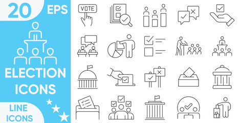 Election line icons.Politics and Election Icon collection containing 20 editable stroke icons.Linear icon collection. Editable stroke. Vector and illustration set.