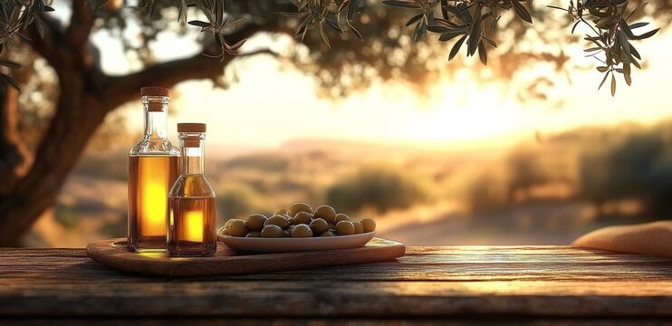 Rustic Wooden Table with Olive Oil and Fresh Grapes at Sunset in Mediterranean Setting