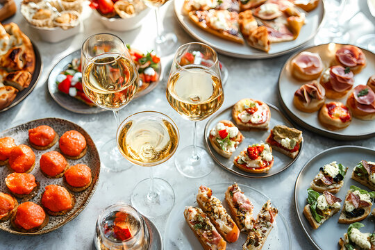 Colorful table with various miniature warm pizzas, bruschetta, and small pastries on plates