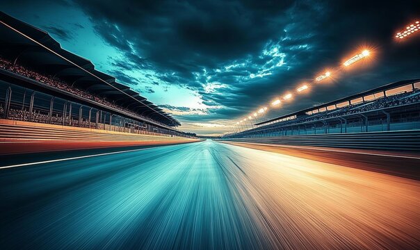 Modern Race Track at Dusk with Empty Asphalt Surrounded by Sleek Grandstands and Dramatic Sky