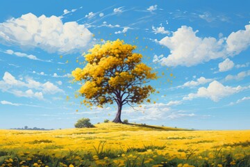 Idyllic Yellow and Azure Scene with a Lone Tree"