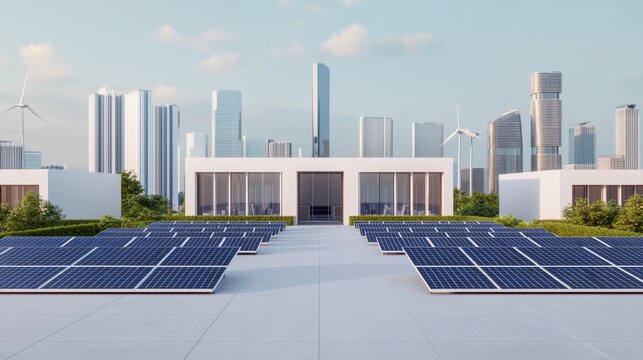 Innovative solar-powered ecolab featuring wind turbines and advanced technology in a modern urban landscape