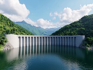 Futuristic hydroelectric dam project mountain region digital artwork eco-friendly design wide-angle view renewable energy concept