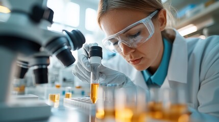 In a bright lab environment, a female scientist with goggles examines samples with dedication, showcasing the precision and focus of scientific investigation.