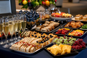 A professional event photograph of an office cocktail party with champagne glasses, fruit platters, and sandwiches on a navy blue tablecloth