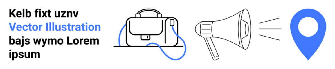 Text in black and blue alongside icons of a briefcase, megaphone, and location pin. Ideal for marketing, business, announcements, navigation, communication, workplace materials, and infographics