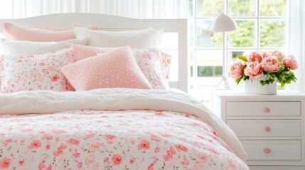 Sunlit Pastel Bedroom with Floral Bedding and Soft Pink Accents