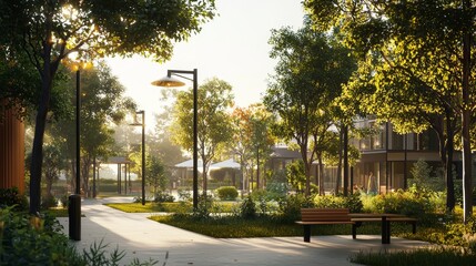 Naklejka premium Futuristic urban plaza development featuring solar-powered lighting city park landscape design modern aesthetic daytime eco-friendly concept