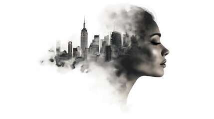 Abstract Emotional Portrait with Urban Silhouette, High Contrast Watercolor Art on White Background