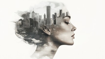 Abstract Emotional Portrait with Urban Silhouette, High Contrast Watercolor Art on White Background